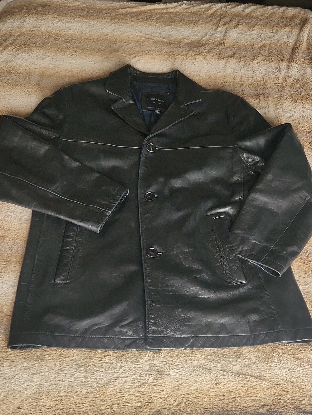 Andrew Marc Black Leather Pea Coat